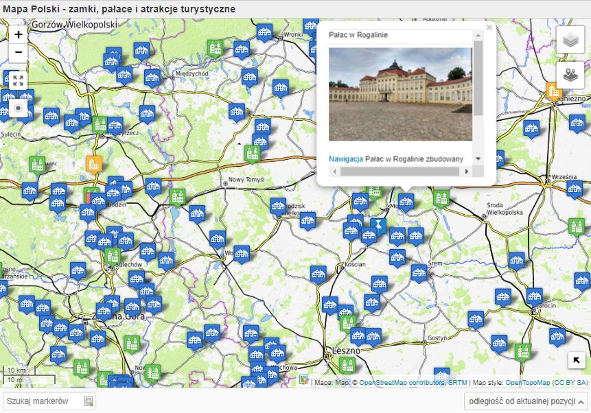 Mapa zamków, pałaców i atrakcji turystycznych w Polsce